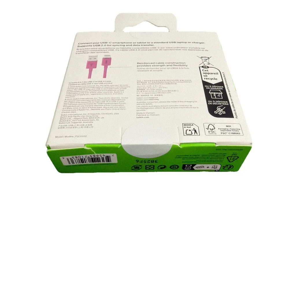 Belkin F2CU032bt06-USB 2.0 Supported USB-C to USB-A Cable (1.8m / 6ft) PINK New